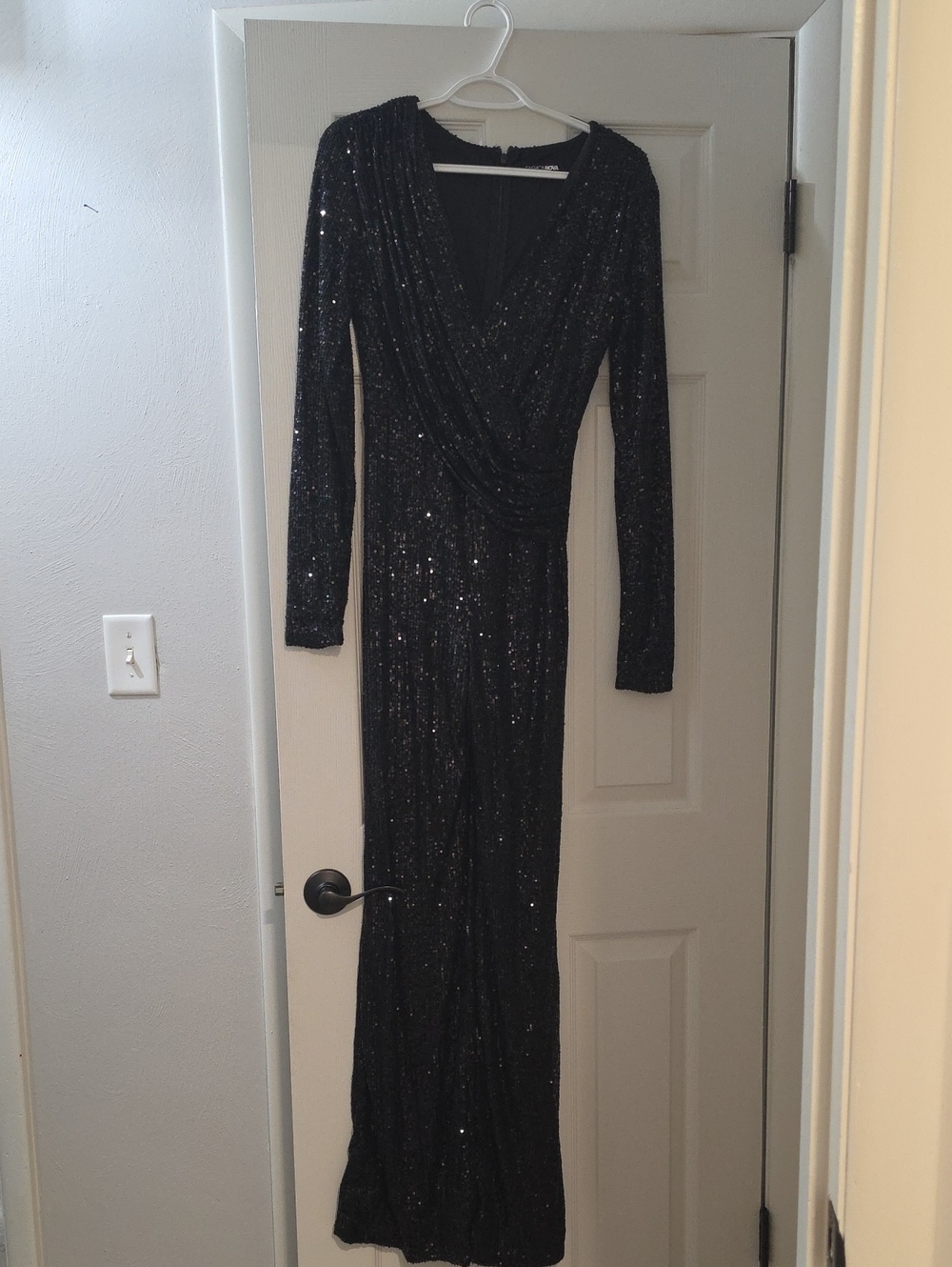 Black Sequin V-Neck Long Sleeve Jumpsuit